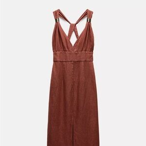 Zara Brown Midi linen Dress